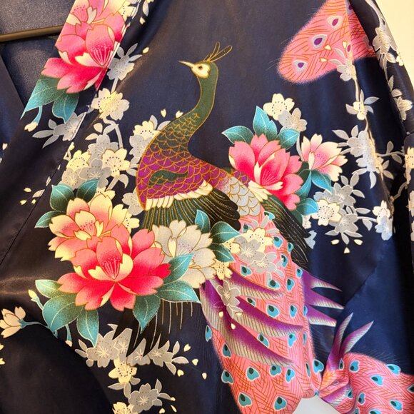 Satin Bath Robe with Floral Peacock Design - Picture 3 of 3